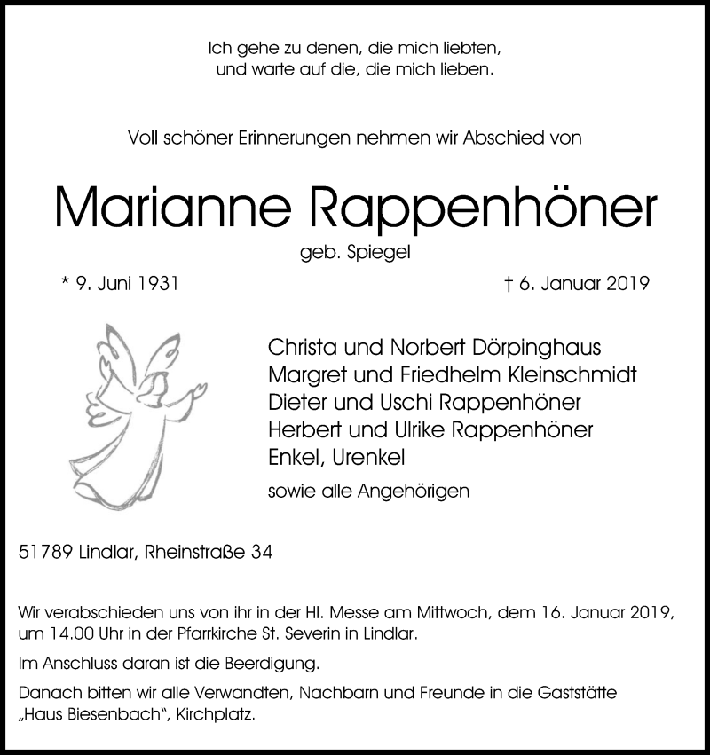  Traueranzeige für Marianne Rappenhöner vom 12.01.2019 aus Kölner Stadt-Anzeiger / Kölnische Rundschau / Express