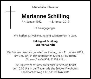 Anzeige von Marianne Schilling von Kölner Stadt-Anzeiger / Kölnische Rundschau / Express