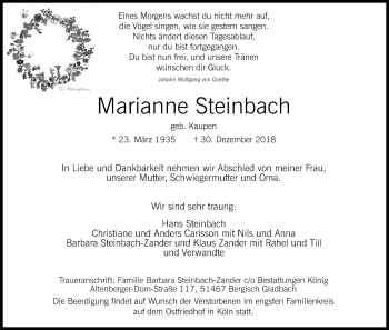 Anzeige von Marianne Steinbach von Kölner Stadt-Anzeiger / Kölnische Rundschau / Express