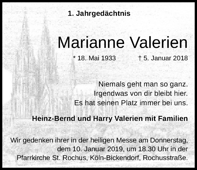  Traueranzeige für Marianne Valerien vom 05.01.2019 aus Kölner Stadt-Anzeiger / Kölnische Rundschau / Express