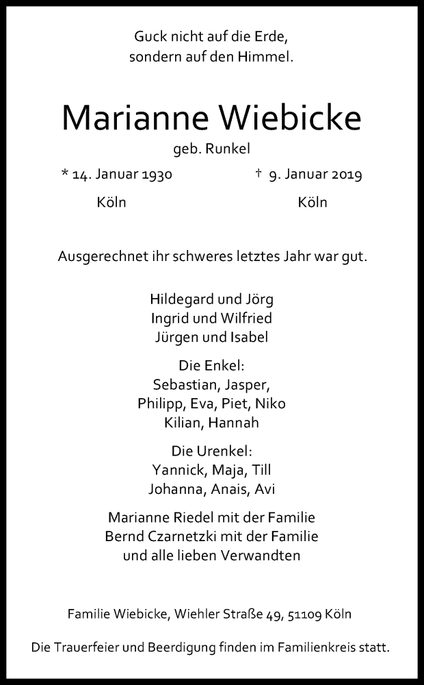  Traueranzeige für Marianne Wiebicke vom 12.01.2019 aus Kölner Stadt-Anzeiger / Kölnische Rundschau / Express