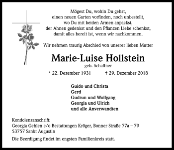 Anzeige von Marie-Luise Hollstein von Kölner Stadt-Anzeiger / Kölnische Rundschau / Express