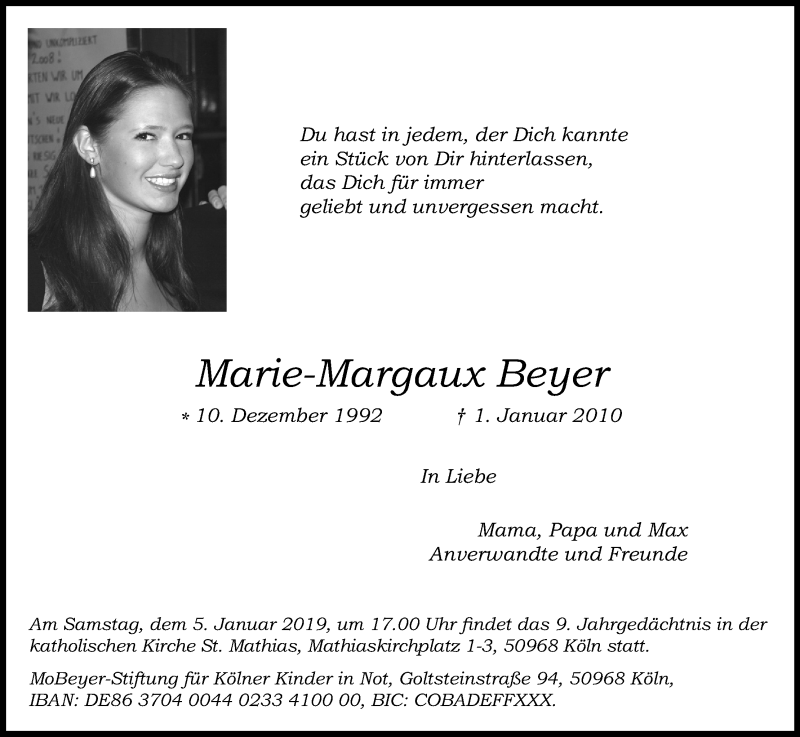  Traueranzeige für Marie-Margaux Beyer vom 05.01.2019 aus Kölner Stadt-Anzeiger / Kölnische Rundschau / Express