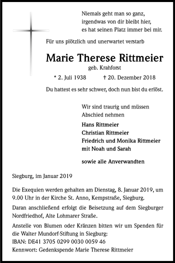 Anzeige von Marie Therese Rittmeier von Kölner Stadt-Anzeiger / Kölnische Rundschau / Express