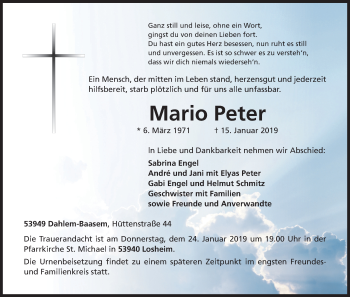 Anzeige von Mario Peter von Kölner Stadt-Anzeiger / Kölnische Rundschau / Express