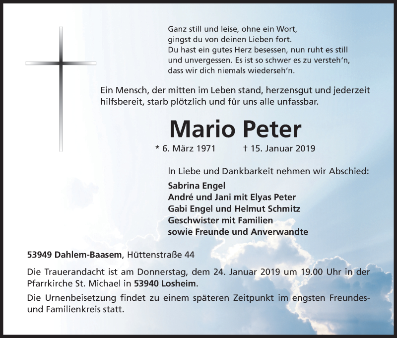  Traueranzeige für Mario Peter vom 19.01.2019 aus Kölner Stadt-Anzeiger / Kölnische Rundschau / Express