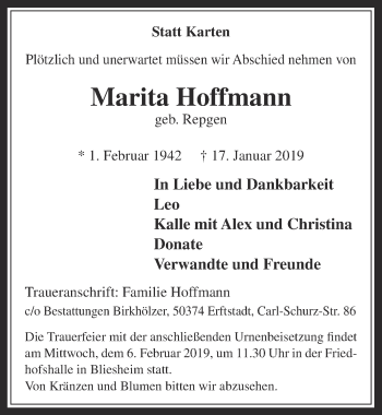 Anzeige von Marita Hoffmann von  Werbepost 