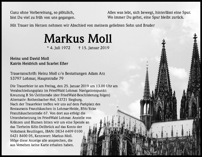  Traueranzeige für Markus Moll vom 19.01.2019 aus Kölner Stadt-Anzeiger / Kölnische Rundschau / Express