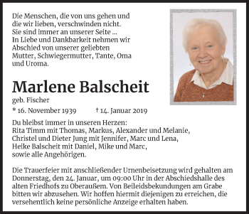 Anzeige von Marlene Balscheit von Kölner Stadt-Anzeiger / Kölnische Rundschau / Express
