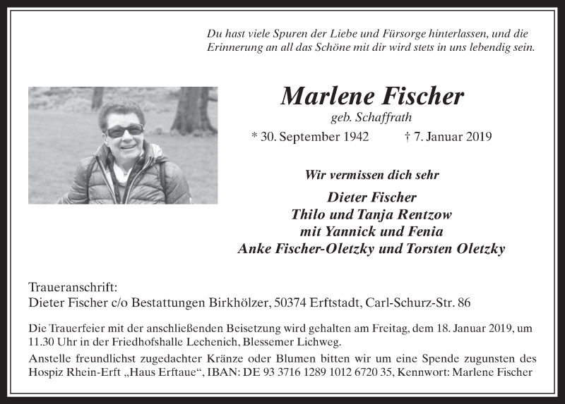  Traueranzeige für Marlene Fischer vom 16.01.2019 aus  Schlossbote/Werbekurier  Werbepost 