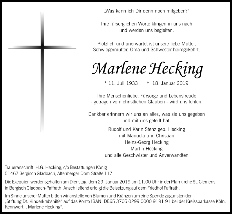  Traueranzeige für Marlene Hecking vom 26.01.2019 aus Kölner Stadt-Anzeiger / Kölnische Rundschau / Express