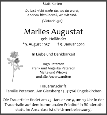 Anzeige von Marlies Augustat von Kölner Stadt-Anzeiger / Kölnische Rundschau / Express