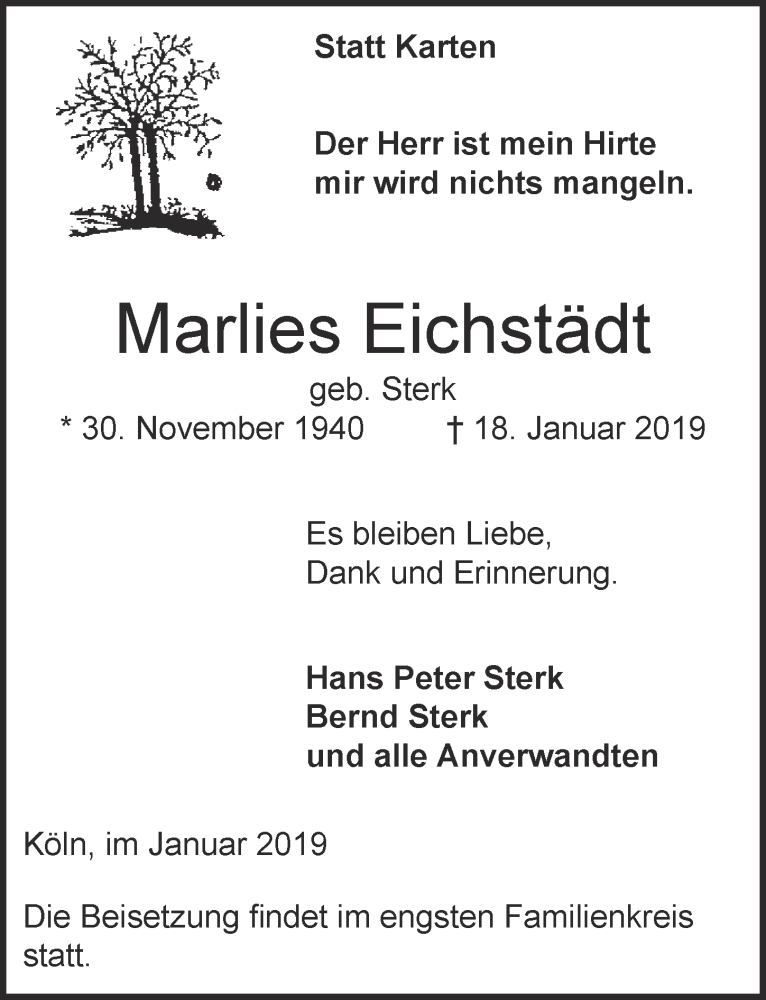 Traueranzeige für Marlies Eichstädt vom 30.01.2019 aus  Kölner Wochenspiegel 