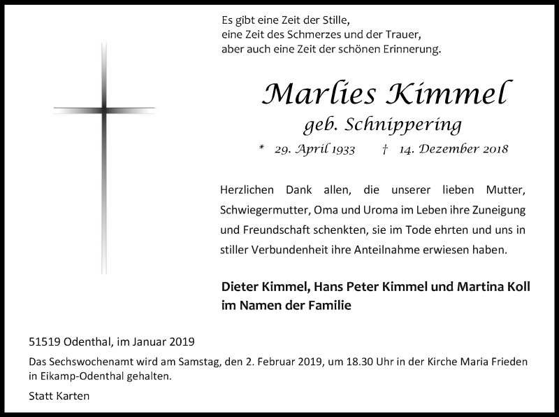  Traueranzeige für Marlies Kimmel vom 26.01.2019 aus Kölner Stadt-Anzeiger / Kölnische Rundschau / Express