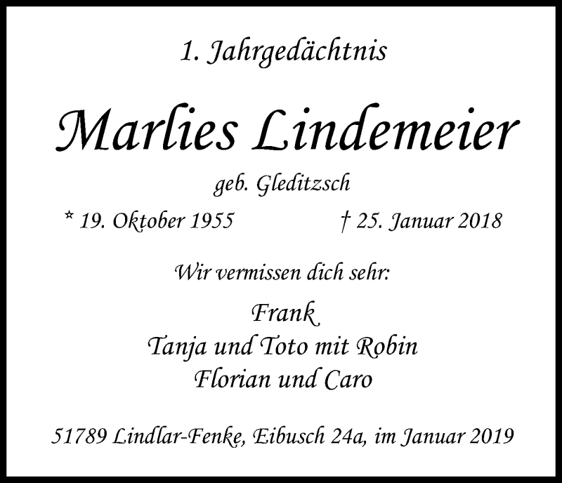  Traueranzeige für Marlies Lindemeier vom 25.01.2019 aus Kölner Stadt-Anzeiger / Kölnische Rundschau / Express
