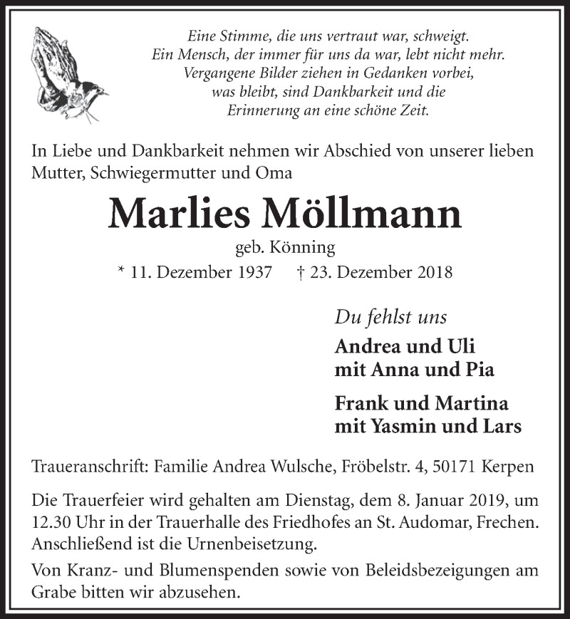 Traueranzeige für Marlies Möllmann vom 05.01.2019 aus  Sonntags-Post 