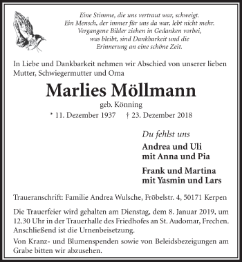 Anzeige von Marlies Möllmann von  Sonntags-Post 