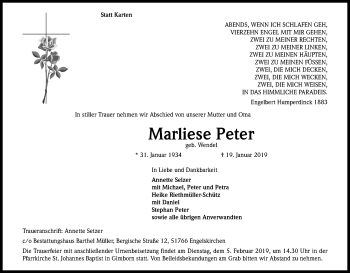 Anzeige von Marliese Peter von Kölner Stadt-Anzeiger / Kölnische Rundschau / Express