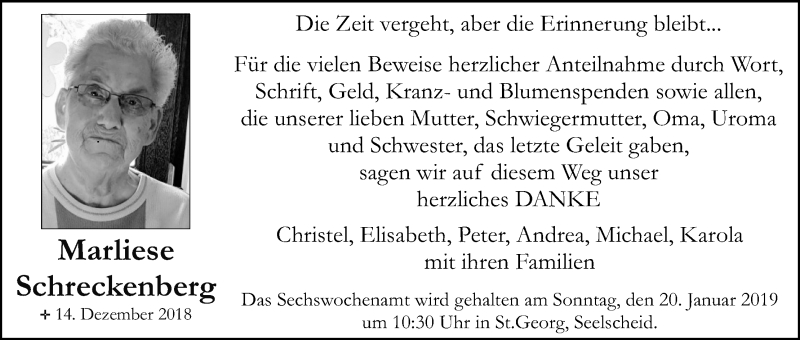  Traueranzeige für Marliese Schreckenberg vom 12.01.2019 aus Kölner Stadt-Anzeiger / Kölnische Rundschau / Express