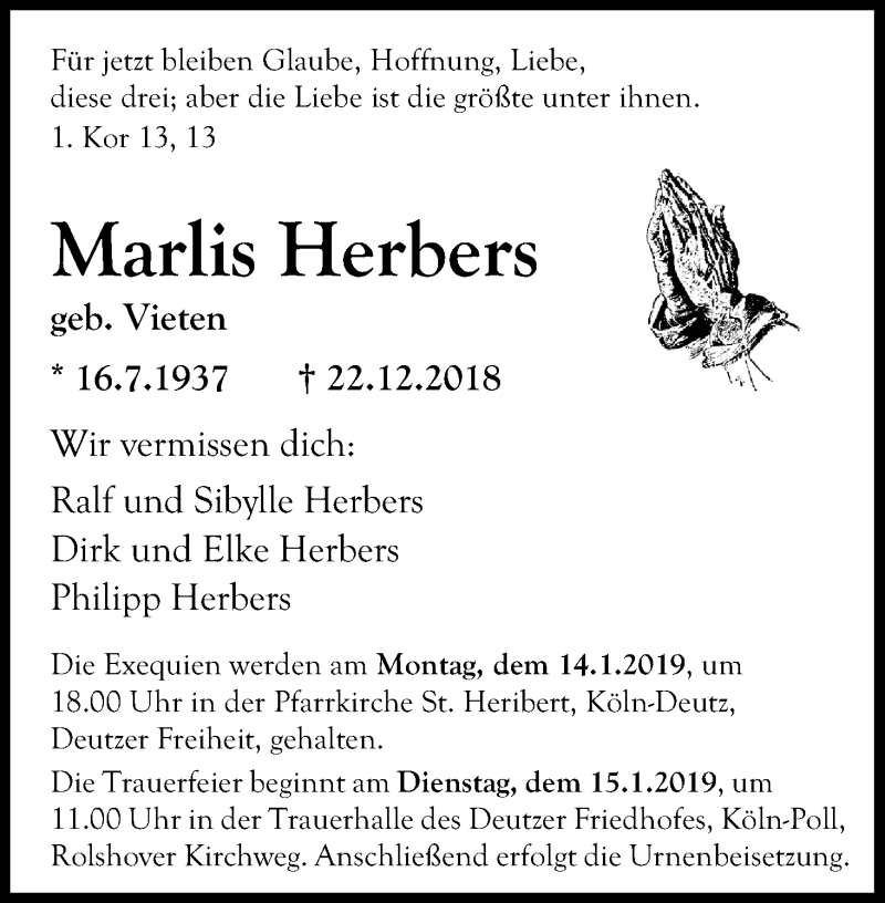  Traueranzeige für Marlis Herbers vom 12.01.2019 aus Kölner Stadt-Anzeiger / Kölnische Rundschau / Express