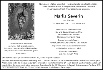 Anzeige von Marlis Severin von Kölner Stadt-Anzeiger / Kölnische Rundschau / Express