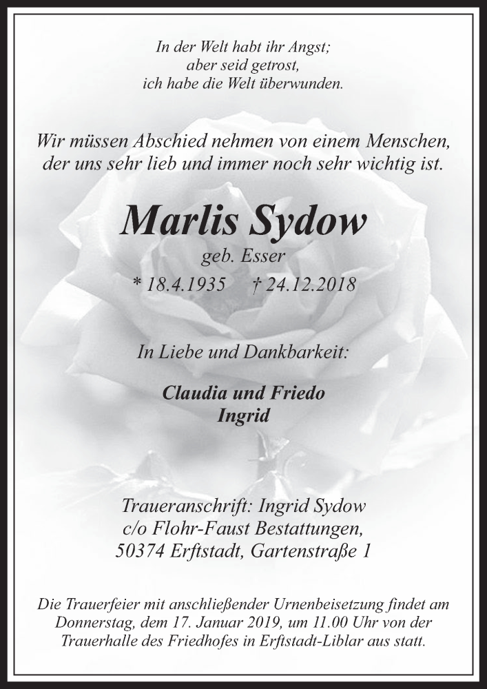 Traueranzeige für Marlis Sydow vom 09.01.2019 aus  Werbepost 