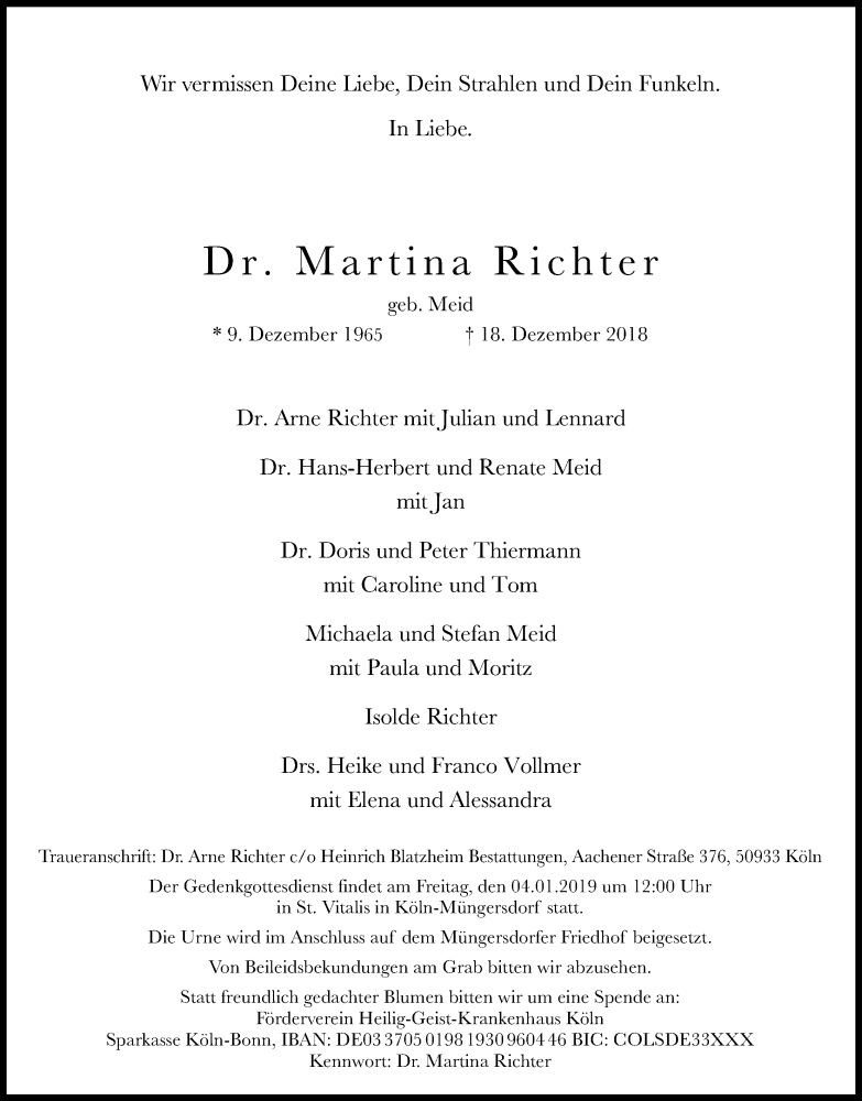  Traueranzeige für Martina Richter vom 02.01.2019 aus Kölner Stadt-Anzeiger / Kölnische Rundschau / Express