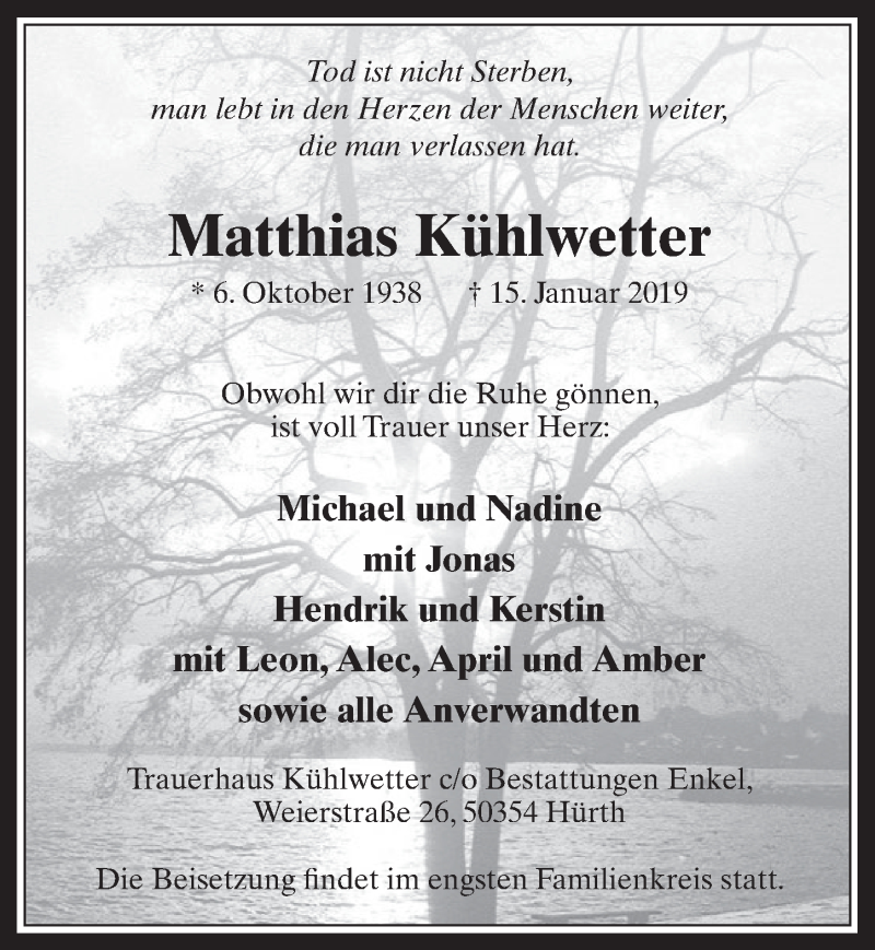  Traueranzeige für Matthias Kühlwetter vom 23.01.2019 aus  Wochenende 