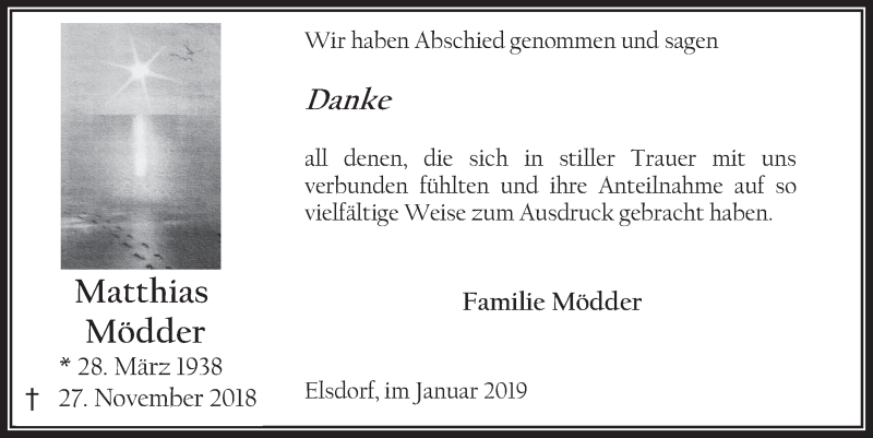  Traueranzeige für Matthias Mödder vom 02.01.2019 aus  Werbepost 