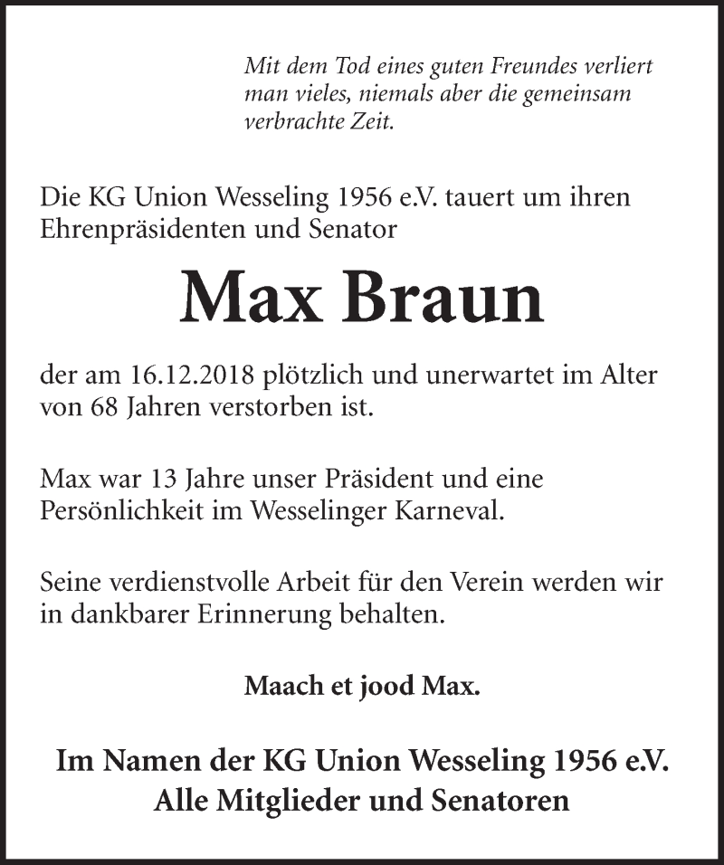  Traueranzeige für Max Braun vom 02.01.2019 aus  Schlossbote/Werbekurier 