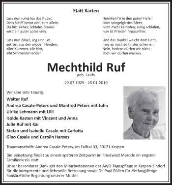 Anzeige von Mechthild Ruf von  Sonntags-Post 