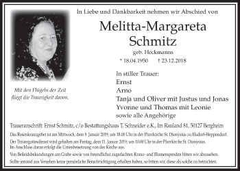 Anzeige von Melitta-Margareta Schmitz von  Sonntags-Post 