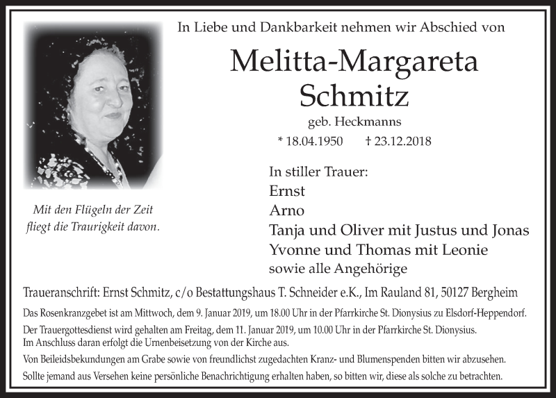  Traueranzeige für Melitta-Margareta Schmitz vom 05.01.2019 aus  Sonntags-Post 