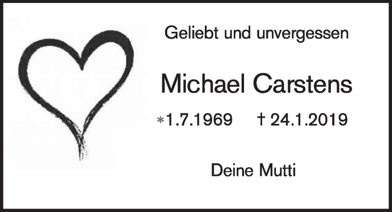  Traueranzeige für Michael Carstens vom 30.01.2019 aus  Schlossbote/Werbekurier 