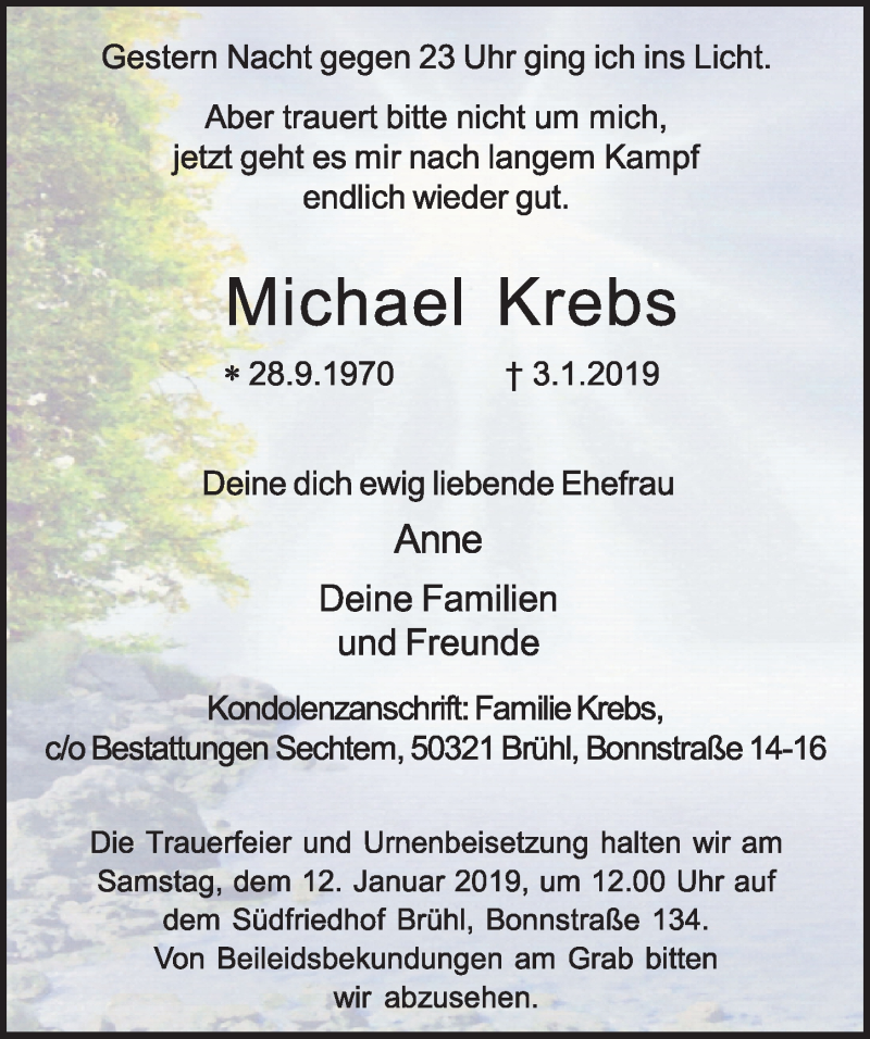  Traueranzeige für Michael Krebs vom 09.01.2019 aus  Schlossbote/Werbekurier 