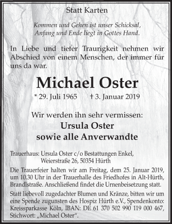 Anzeige von Michael Oster von  Sonntags-Post 
