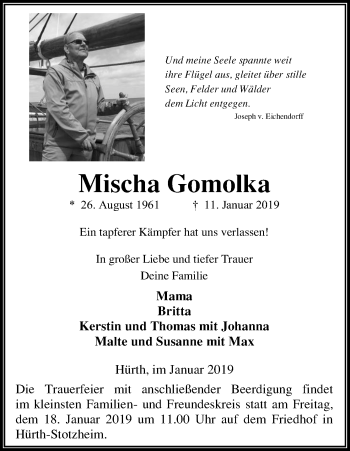 Anzeige von Mischa Gomolka von Kölner Stadt-Anzeiger / Kölnische Rundschau / Express