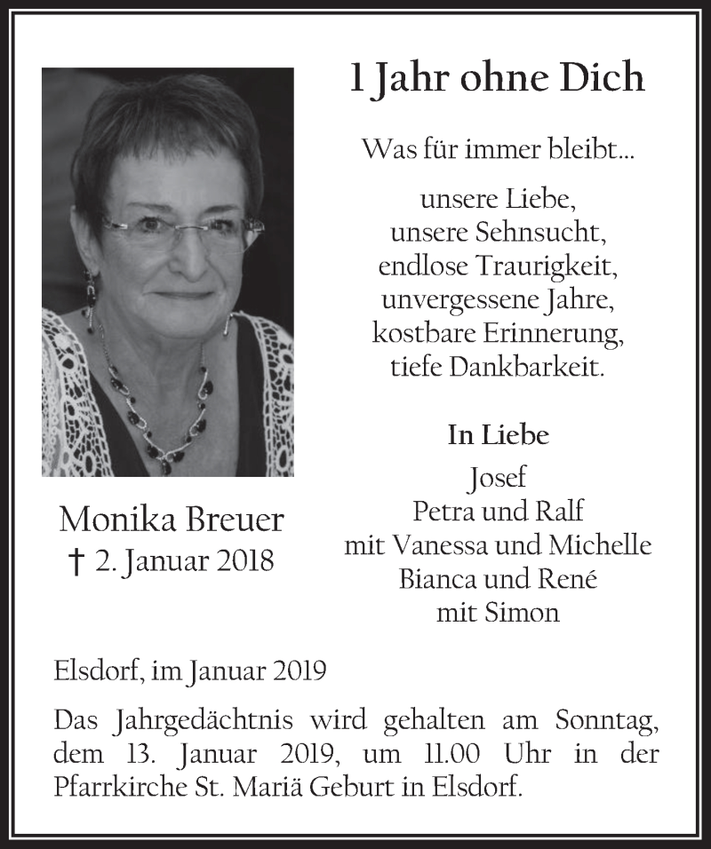  Traueranzeige für Monika Breuer vom 09.01.2019 aus  Werbepost 