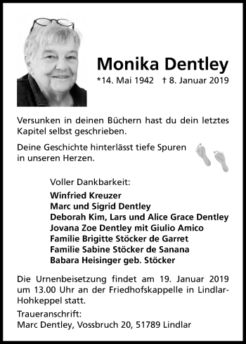 Anzeige von Monika Dentley von Kölner Stadt-Anzeiger / Kölnische Rundschau / Express