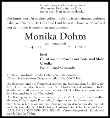 Anzeige von Monika Dohm von Kölner Stadt-Anzeiger / Kölnische Rundschau / Express