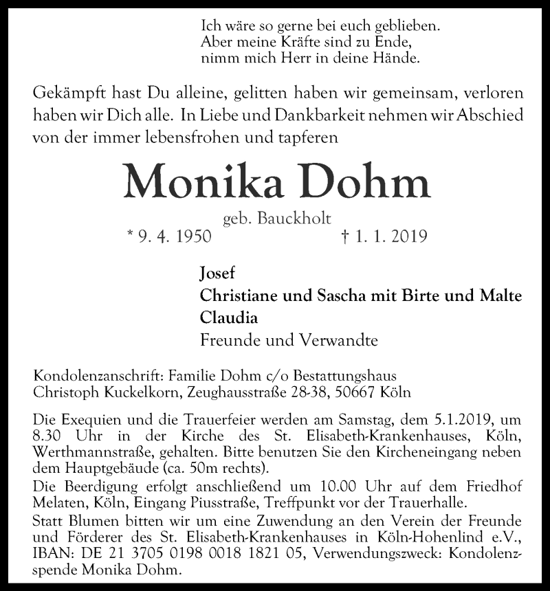  Traueranzeige für Monika Dohm vom 04.01.2019 aus Kölner Stadt-Anzeiger / Kölnische Rundschau / Express