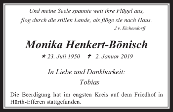 Anzeige von Monika Henkert-Bönisch von  Wochenende 