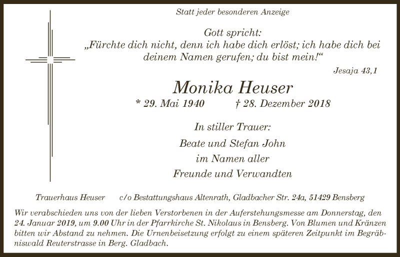  Traueranzeige für Monika Heuser vom 16.01.2019 aus  Bergisches Handelsblatt 