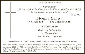 Anzeige von Monika Heuser von  Bergisches Handelsblatt 