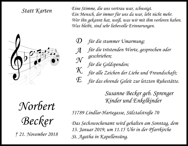  Traueranzeige für Norbert Becker vom 05.01.2019 aus Kölner Stadt-Anzeiger / Kölnische Rundschau / Express
