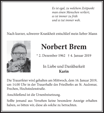 Anzeige von Norbert Brem von  Sonntags-Post 