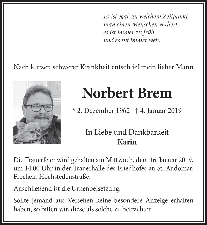  Traueranzeige für Norbert Brem vom 12.01.2019 aus  Sonntags-Post 
