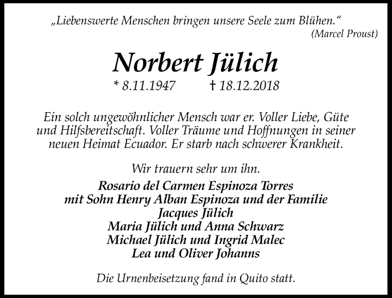  Traueranzeige für Norbert Jülich vom 09.01.2019 aus  Schlossbote/Werbekurier 