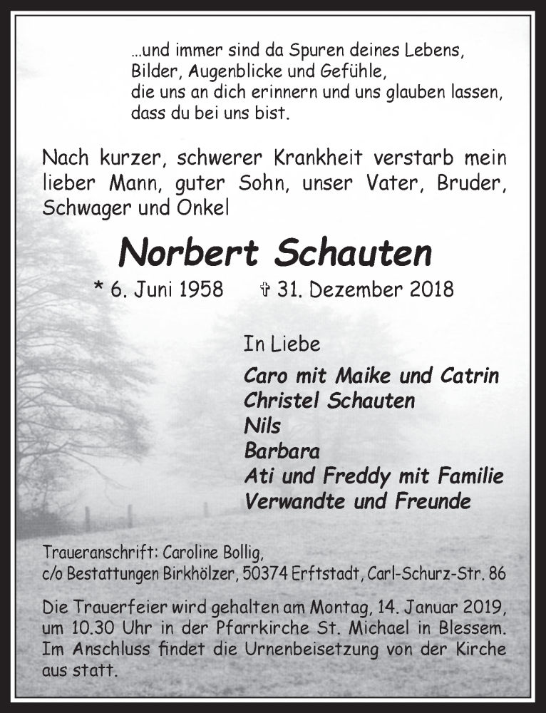  Traueranzeige für Norbert Schauten vom 09.01.2019 aus  Werbepost 
