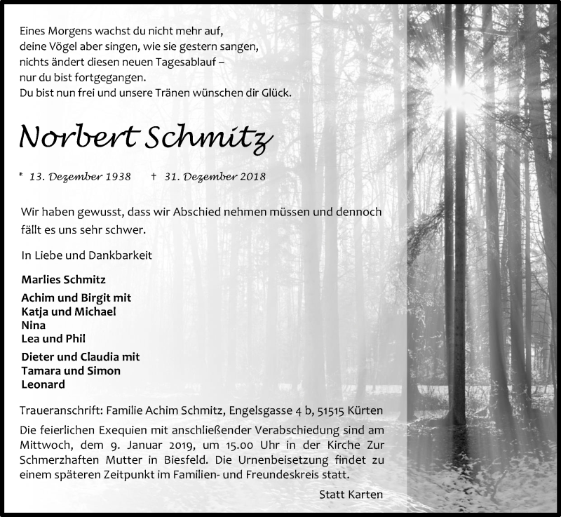  Traueranzeige für Norbert Schmitz vom 05.01.2019 aus Kölner Stadt-Anzeiger / Kölnische Rundschau / Express